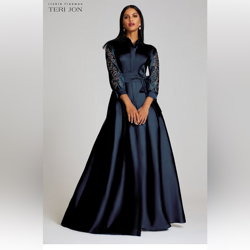 Teri Jon TAFFETA SHIRTDRESS GOWN WITH EYELET SLEEVE AND COLLAR